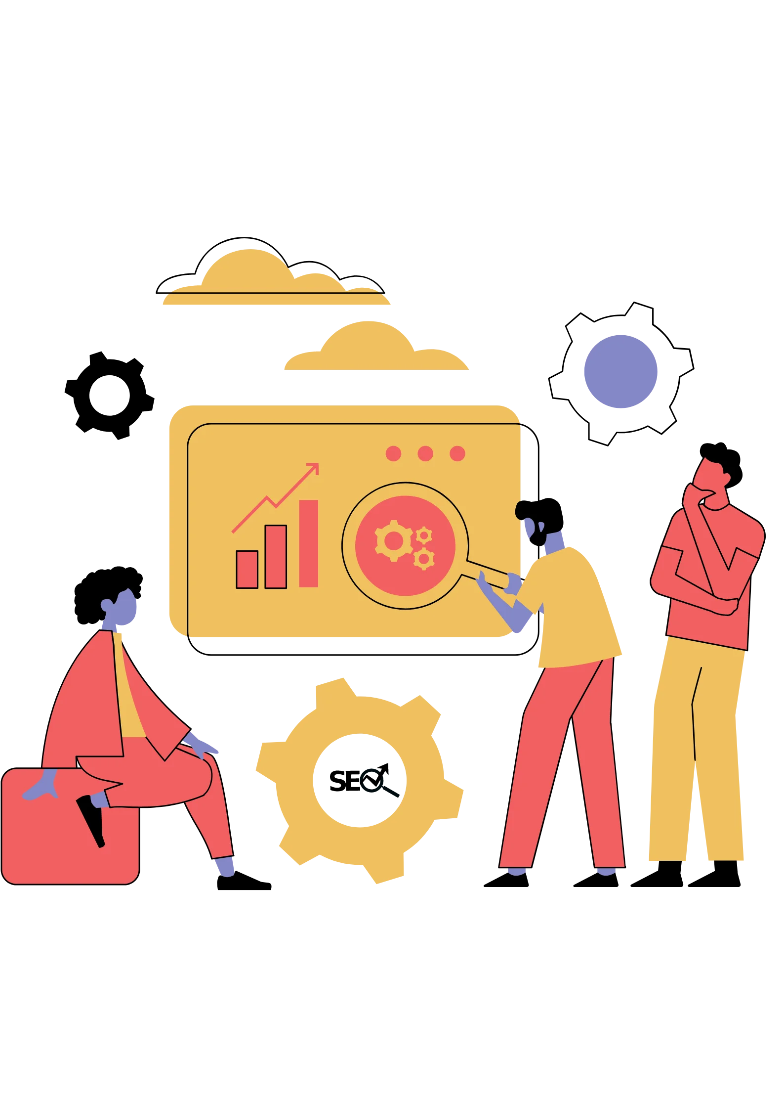 Animated image of group of people showcasing SEO tools and graphs for SEO Services.